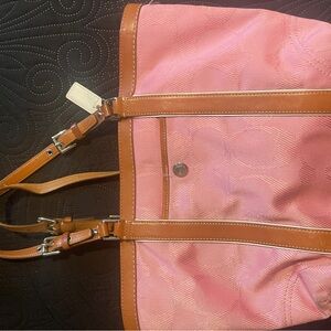 Coach Pink and Tan Tote Bag with Leather Accents